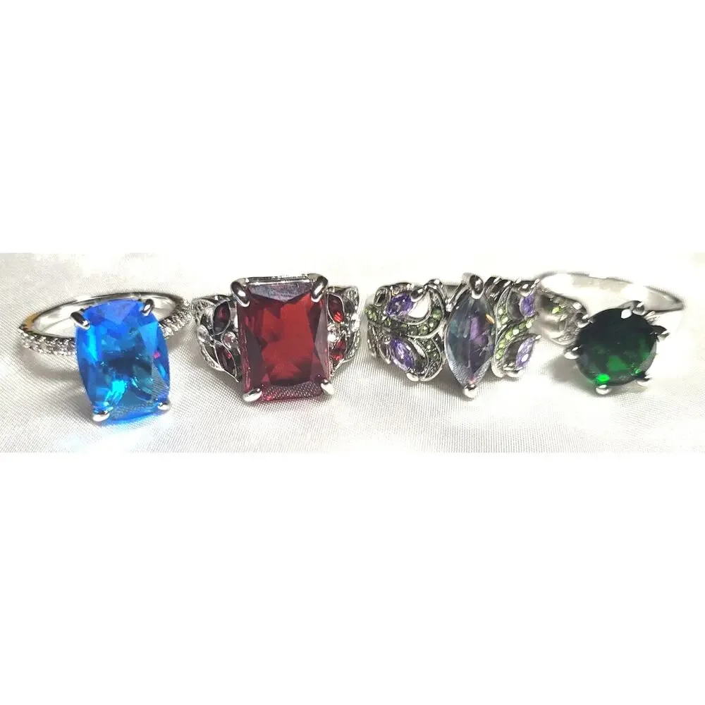 Womens Rings Lot Size 7.25 7 Purple Red Blue Green Statement Cocktail Crystal